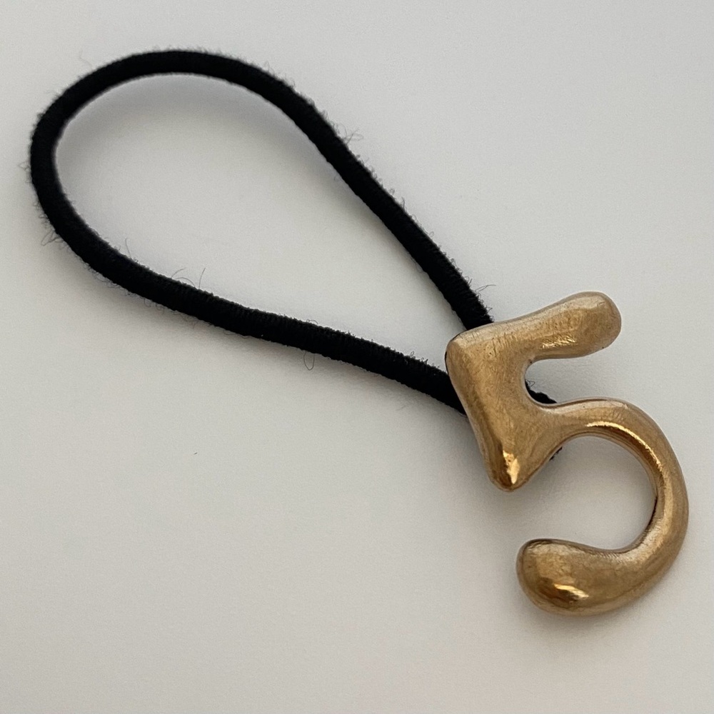 Black Elastic Hair Tie with Bronze Number 5, Handmade, One of a Kind